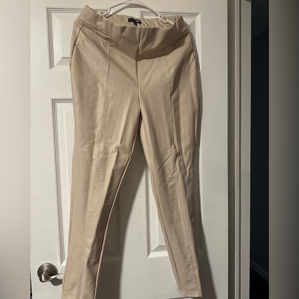 Beige Faux Letter Pants.